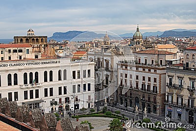 PALERMO, ITALY â€“ 03 January 2017: View from the roof of Palermo Cathedral in the old houses. Tyrrhenian sea in the background. Editorial Stock Photo